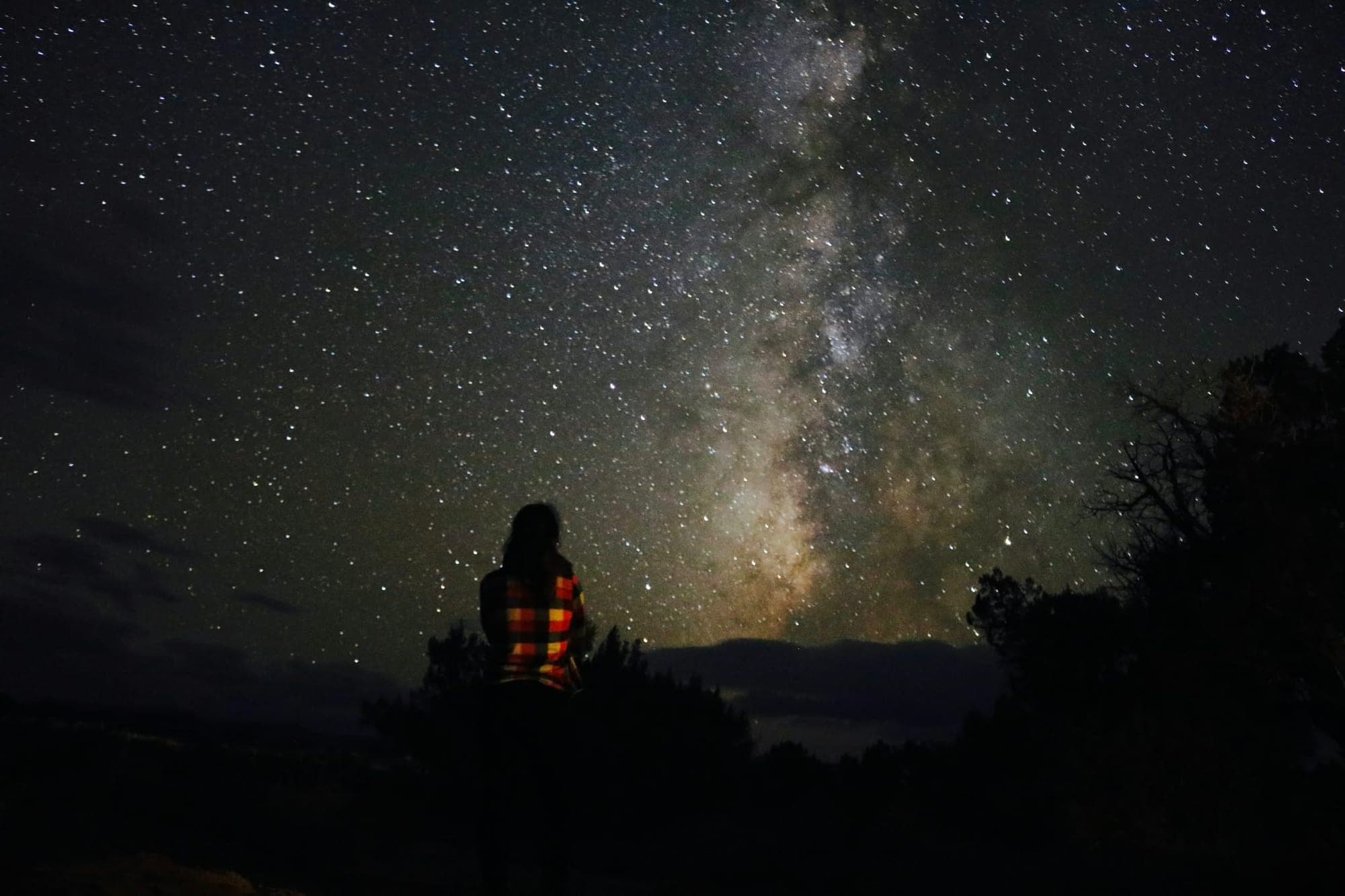 Someone wrapped in a plaid blanket, sitting and looking up at the Milky Way rising above silhouetted junipers